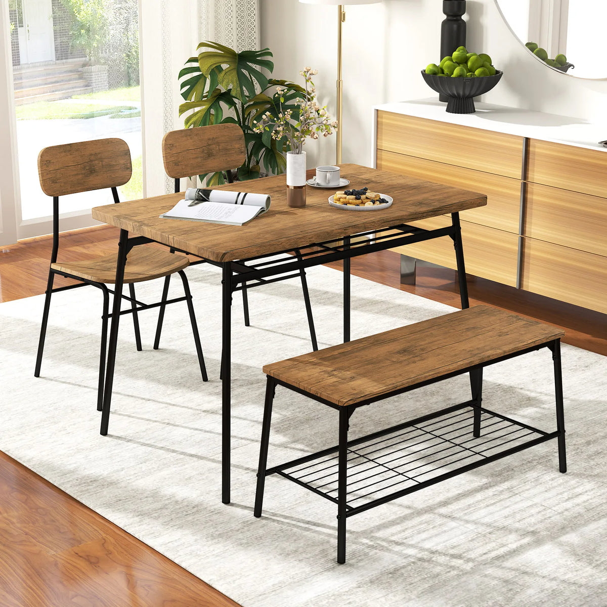 Homasis Four Person Dining Room Table Set With Bench Chairs