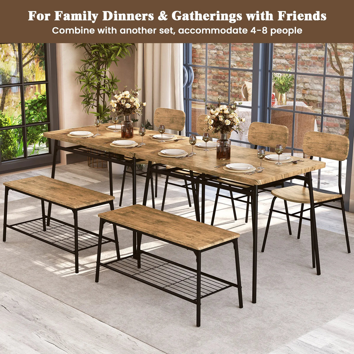 Homasis Four Person Dining Room Table Set With Bench Chairs