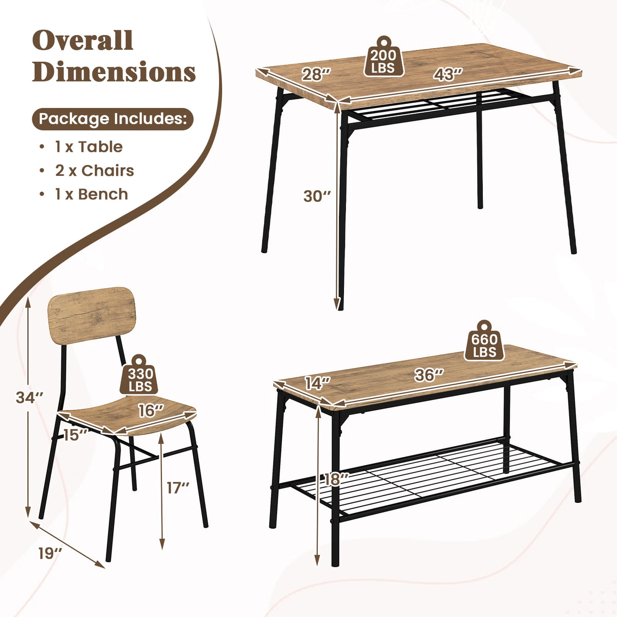 Homasis Four Person Dining Room Table Set With Bench Chairs