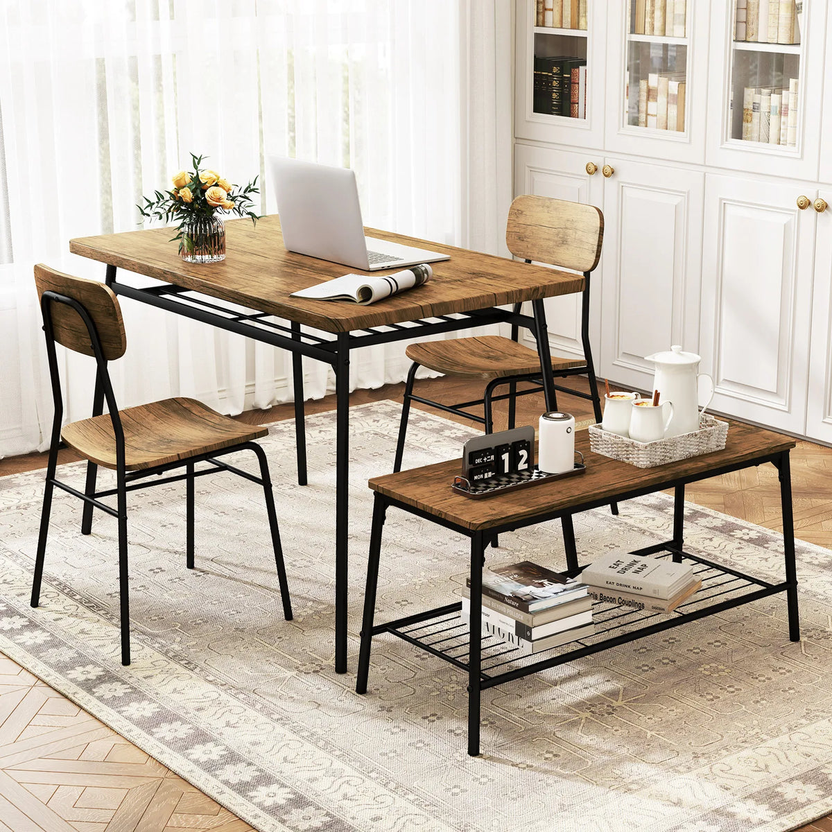 Homasis Four Person Dining Room Table Set With Bench Chairs